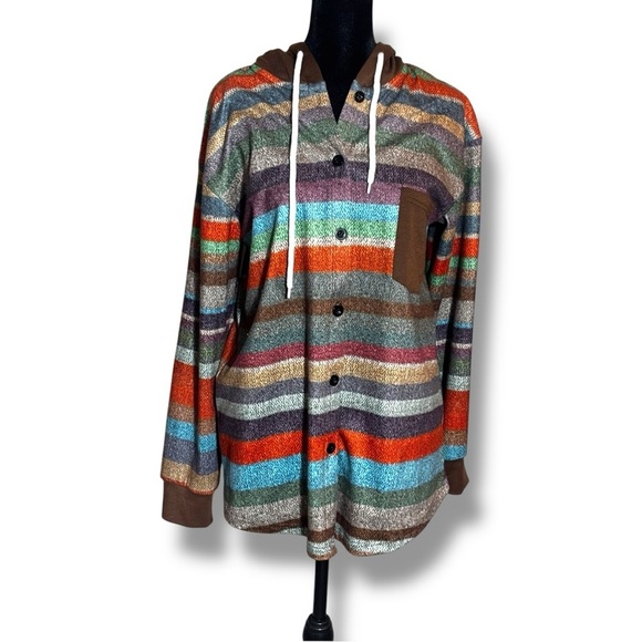 Striped Multicolor Button Up Brown Hood and Front Pocket Long Sleeve Sweater - Picture 3 of 16